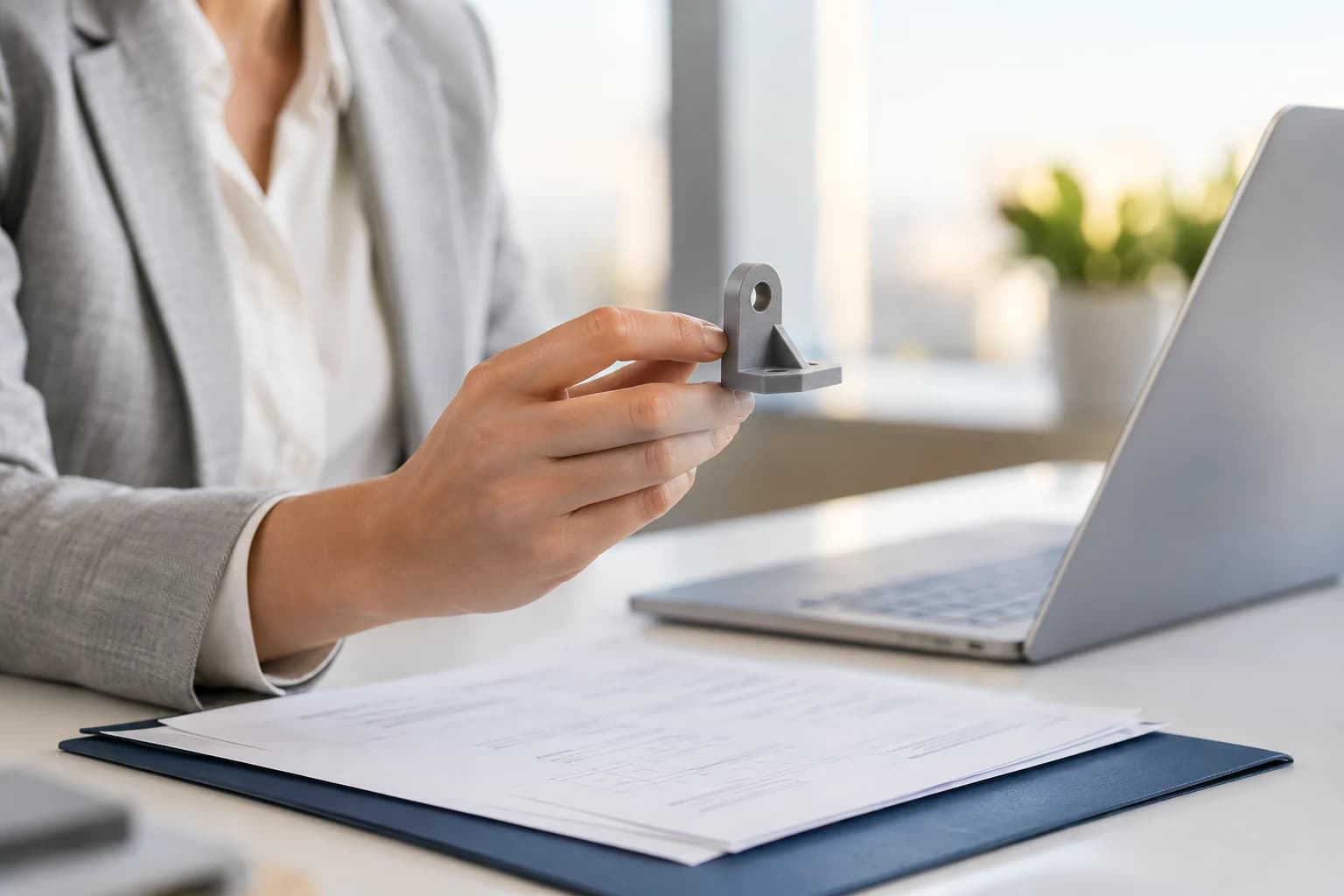 A person in business clothing holding a small grey printed sample part beside a laptop and a paper packet.