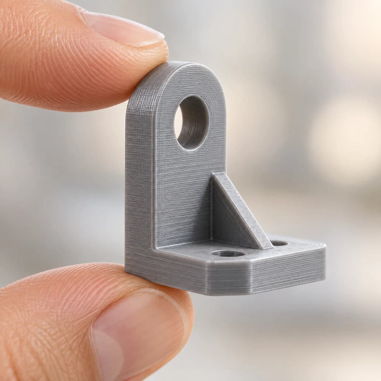 Two fingers holding a small grey printed bracket with a round eye and two bolt holes.
