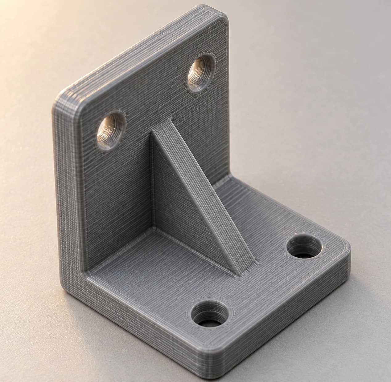 A close view of a grey printed L bracket with a gusset and four bolt holes.
