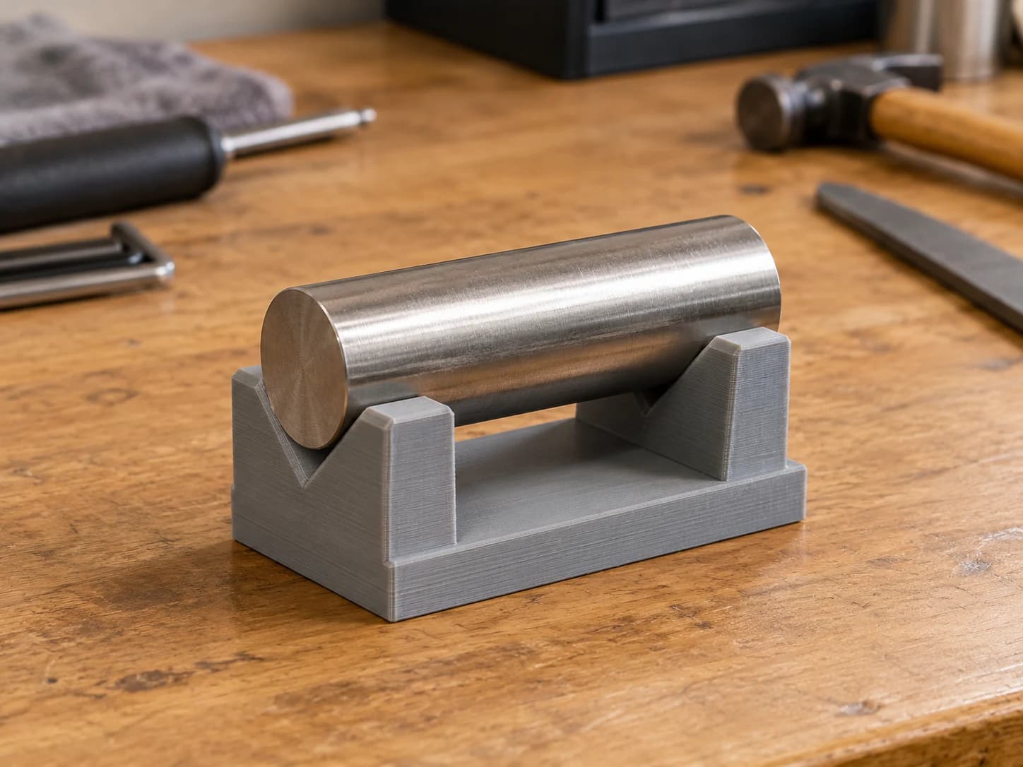 A grey printed V block jig cradling a steel bar on a wooden workbench.