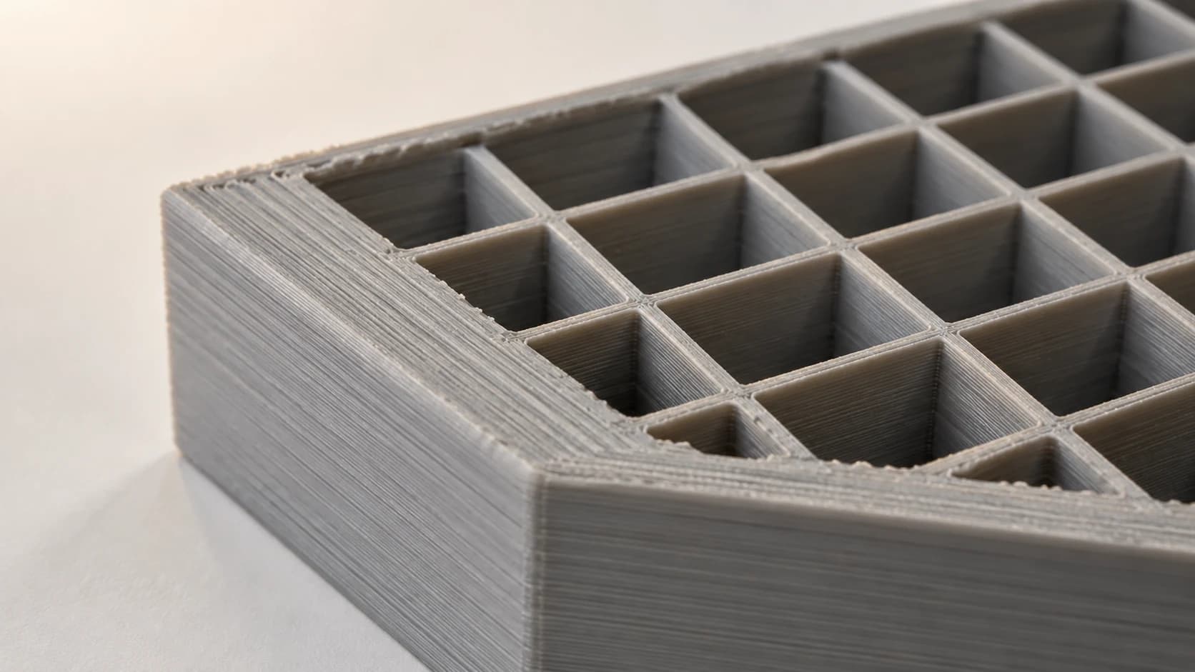 A cut printed wall showing the grid infill inside next to the solid outer shell.