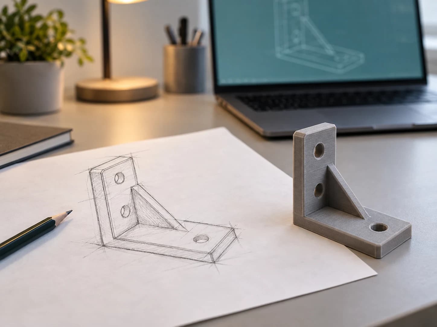 A pencil sketch of a bracket beside a grey printed prototype, with a blurred wireframe on a laptop behind them.
