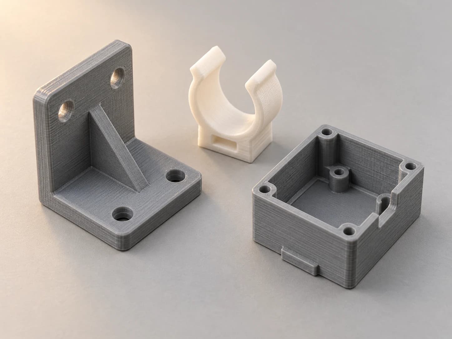 A grey printed bracket, a white clip, and a grey housing resting on a plain surface.