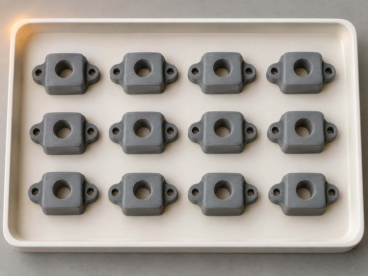 A white tray holding twelve identical grey printed flange parts in neat rows.