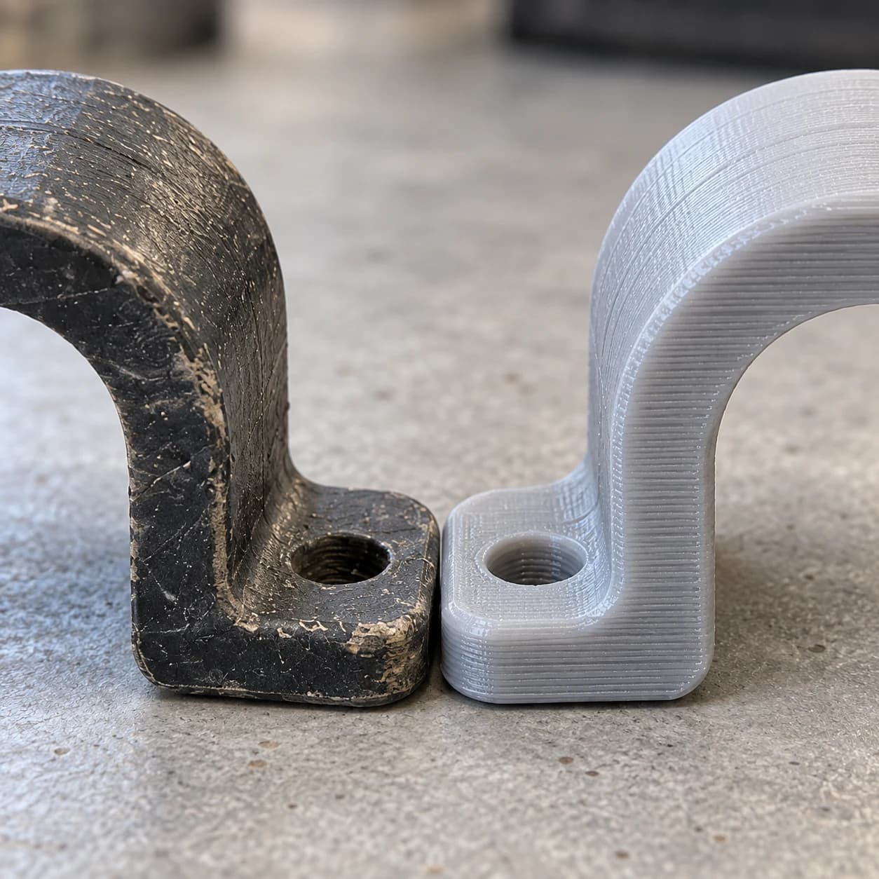 A close view comparing the worn edge of a black part with the layer lines on a new grey printed one.