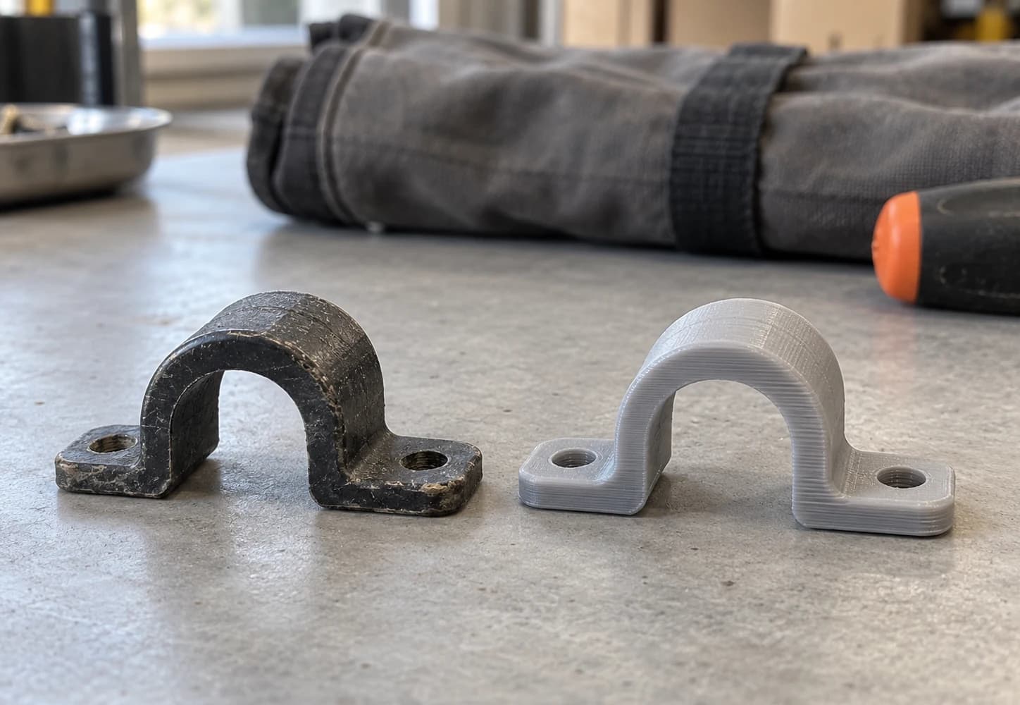 A worn black pipe saddle beside a new grey printed replacement of the same shape.