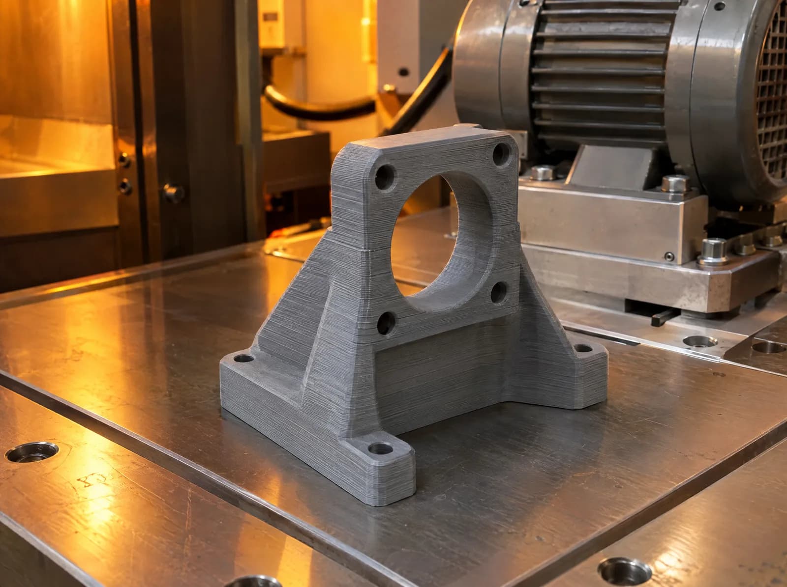 A grey printed motor mount bracket on a steel machine bed next to an electric motor.