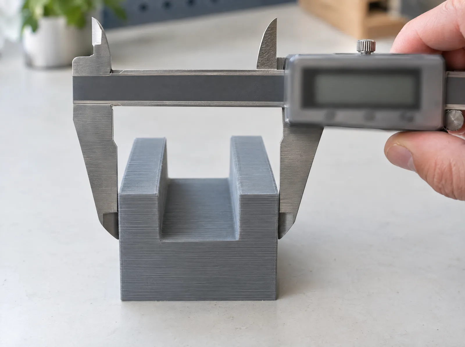 A hand holding a digital caliper with its jaws closed on the outer faces of a grey printed part.