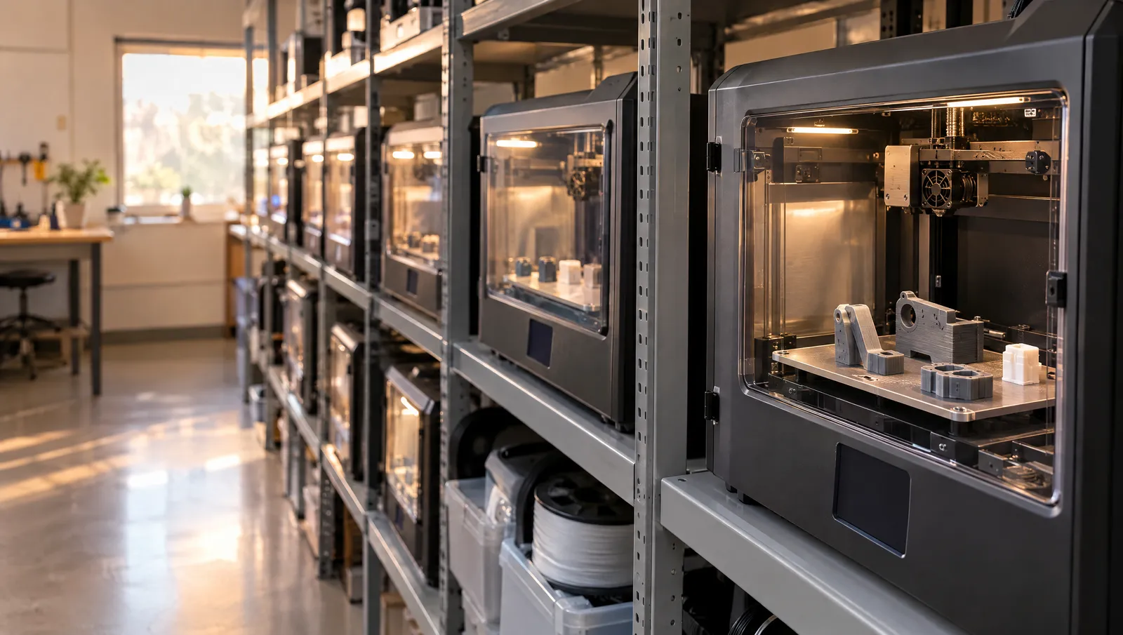 Rows of enclosed FDM printers on metal shelves, with grey printed parts on the build plate of the nearest one.