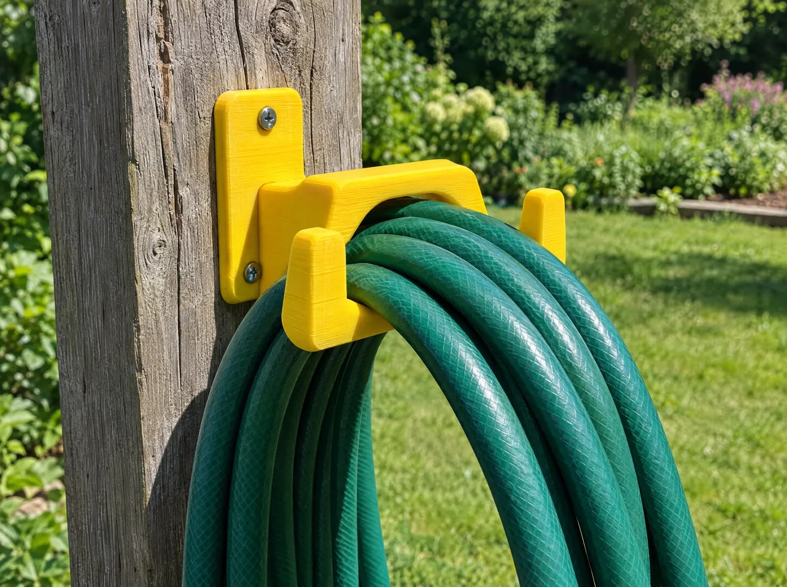 A yellow printed hose hanger screwed to a weathered wooden post in a sunny garden, holding a coiled green hose.