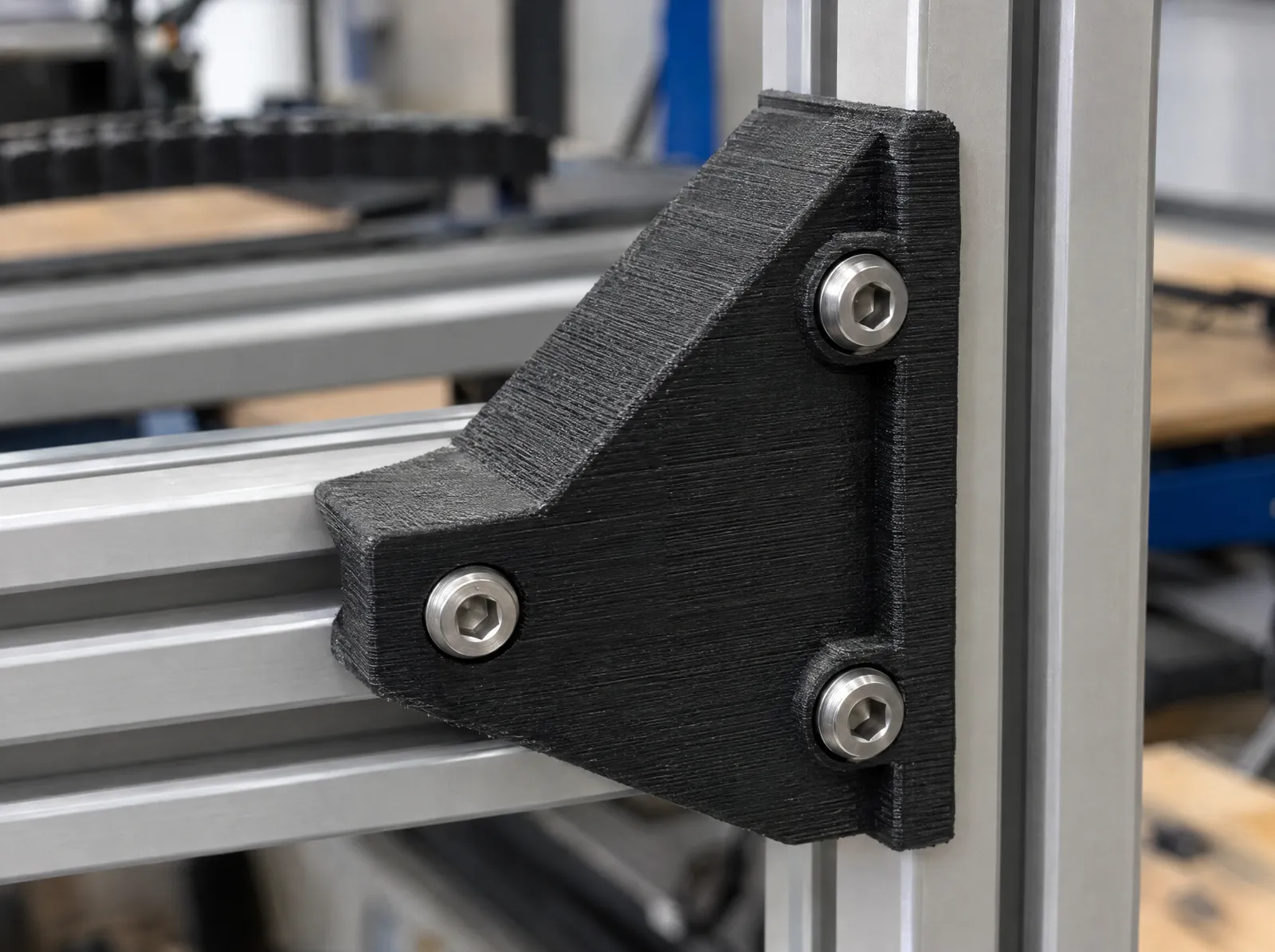 A matte black carbon-fiber nylon corner bracket bolted to aluminum extrusion.