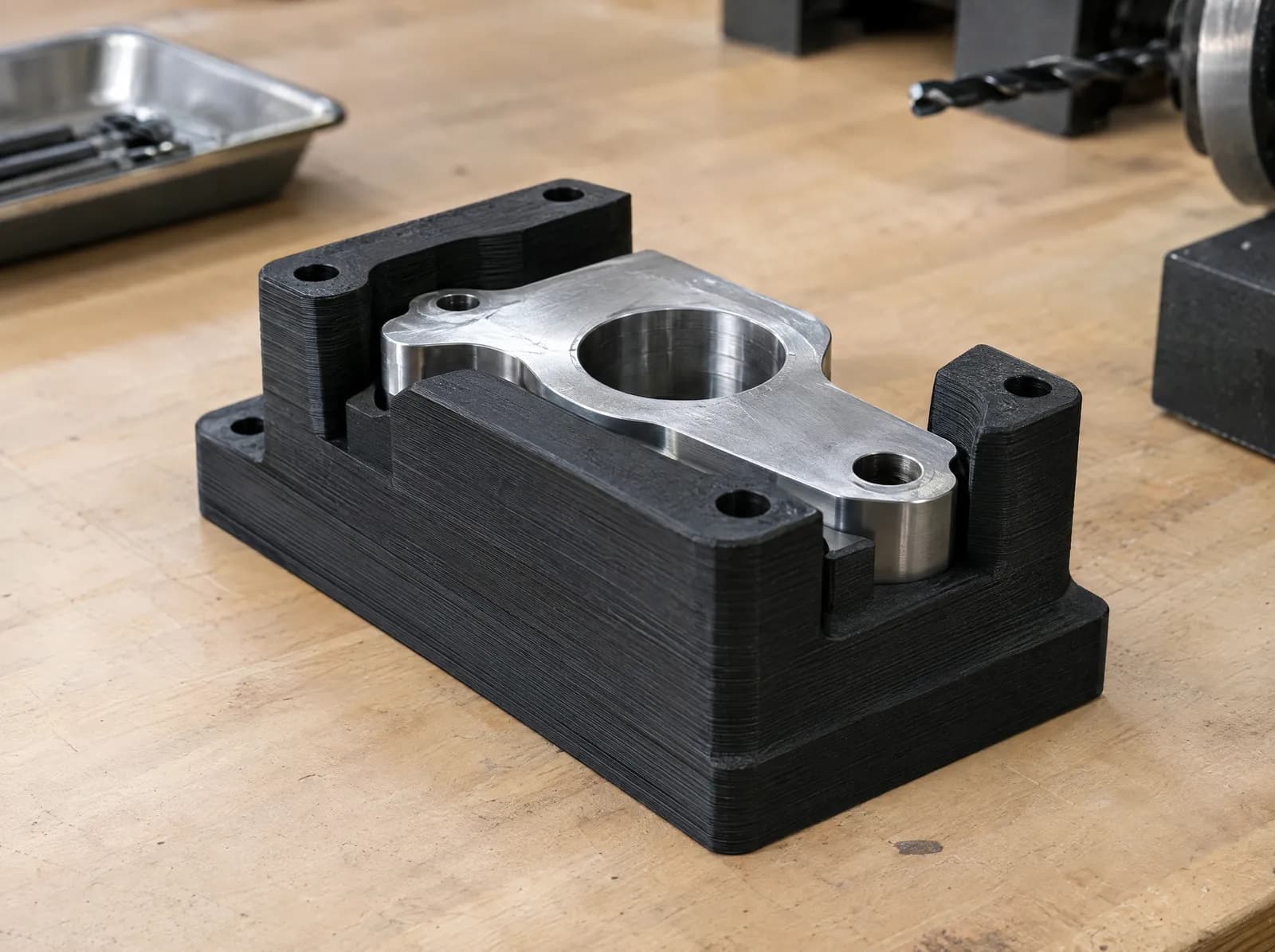 A matte black carbon-filled printed jig holding a machined aluminum part on a wooden workbench.