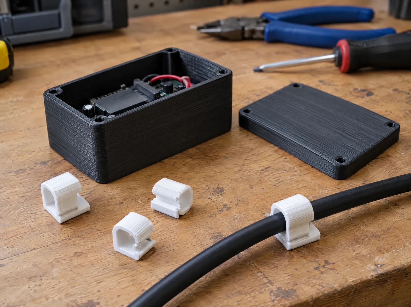 A black printed electronics enclosure with a circuit board inside, its lid beside it, and white printed cable clips on a workbench.