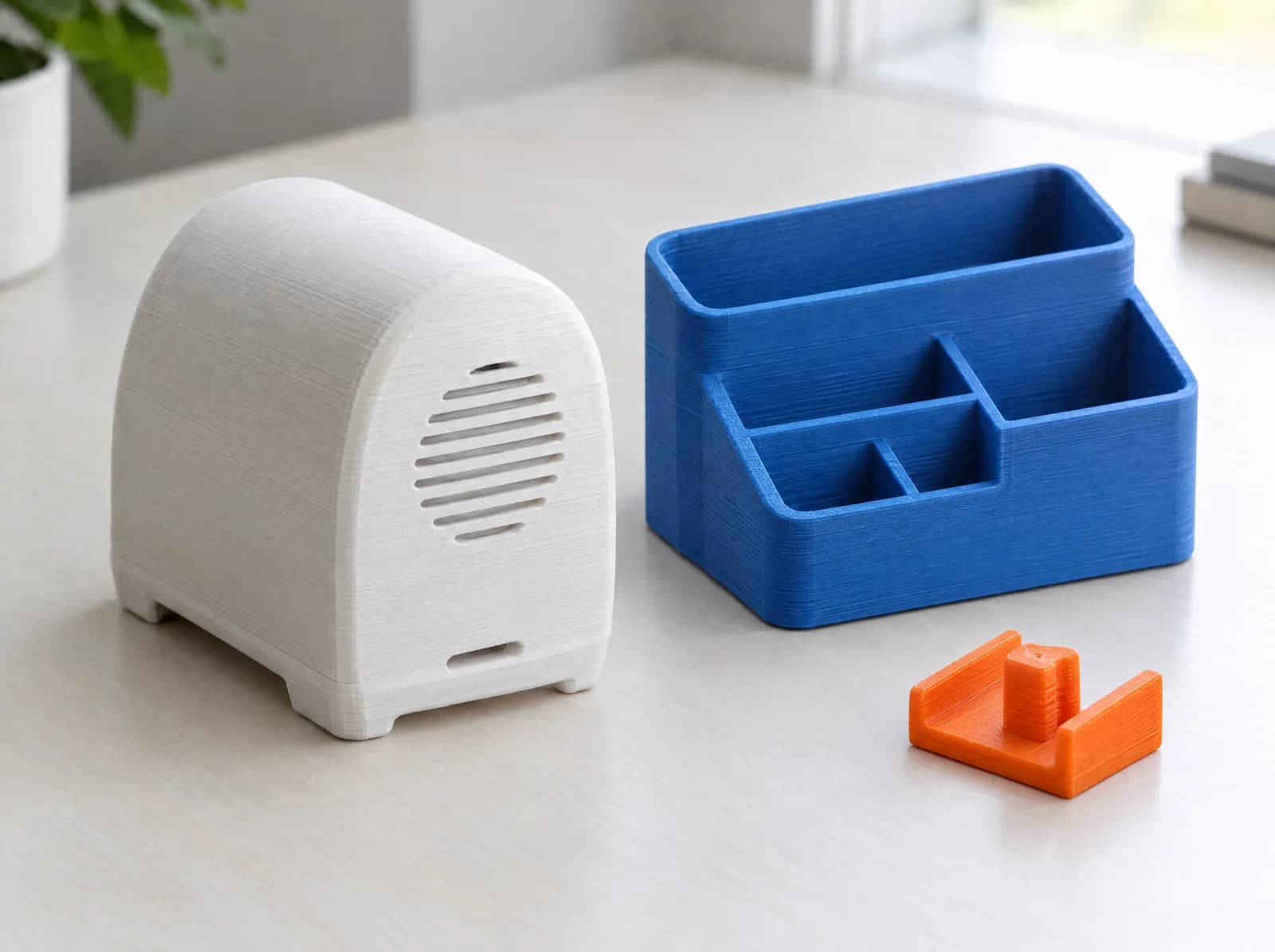A white printed housing, a blue printed desk organizer and a small orange printed clip on a white desk.