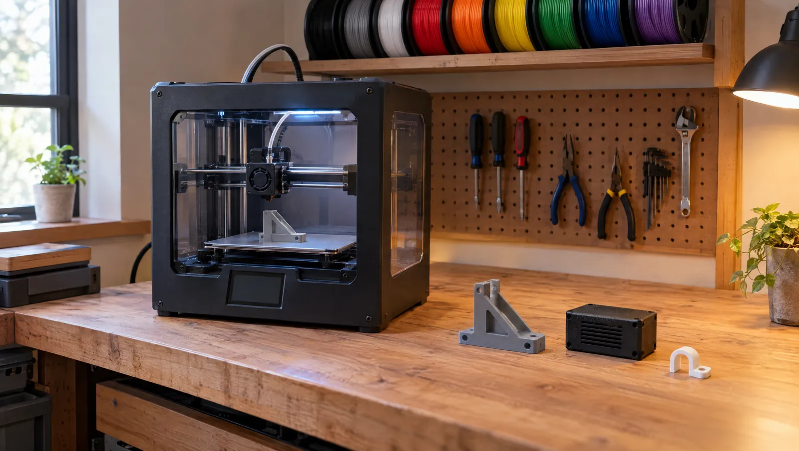 A wooden workbench with an enclosed desktop printer, a shelf of colored filament spools and a pegboard of hand tools.