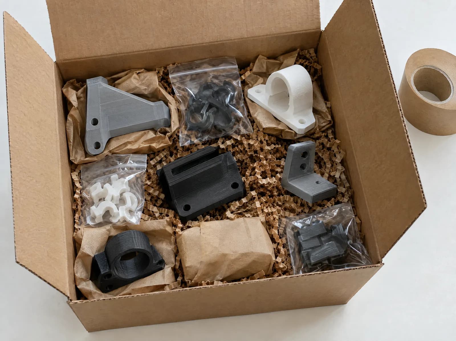 Printed parts in small bags and kraft paper, packed in a plain cardboard shipping box.