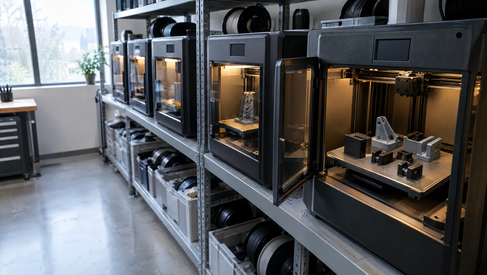 Enclosed FDM printers on steel shelving with filament spools in bins below. The nearest door is open, showing printed black and grey parts.