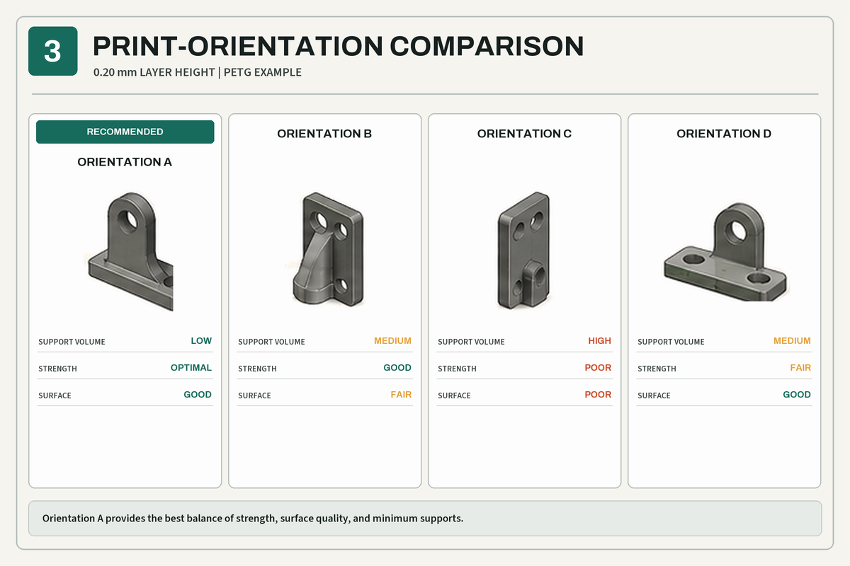 Four print orientations of the same bracket compared by support volume, strength, and surface, with orientation A recommended
